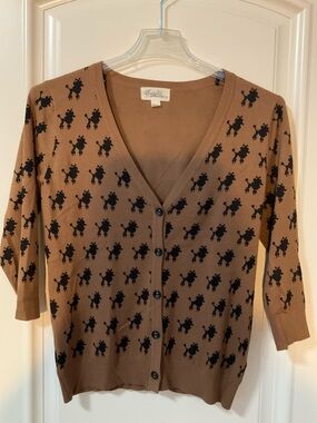 Boutique Forever 21 Poodle Print Black & Tan Brown Cardigan Sweater L